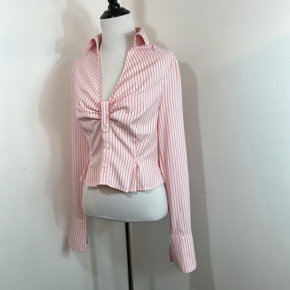 Pretty Little Thing Shirt Button Up 6 Pink Burgandy Crop Pinstripe Fitted Y2K - Picture 3 of 13